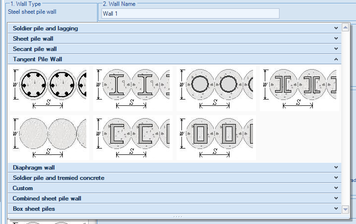 Available tangent pile sections in DeepEX software