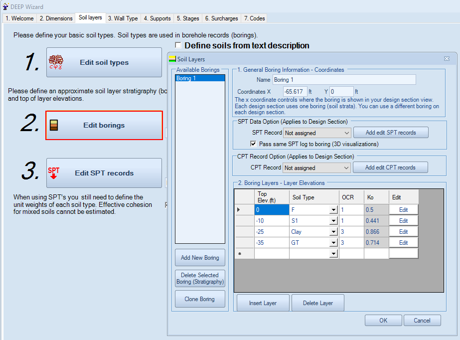 DeepEX Wizard – Soil Layers tab – Edit soils and borings