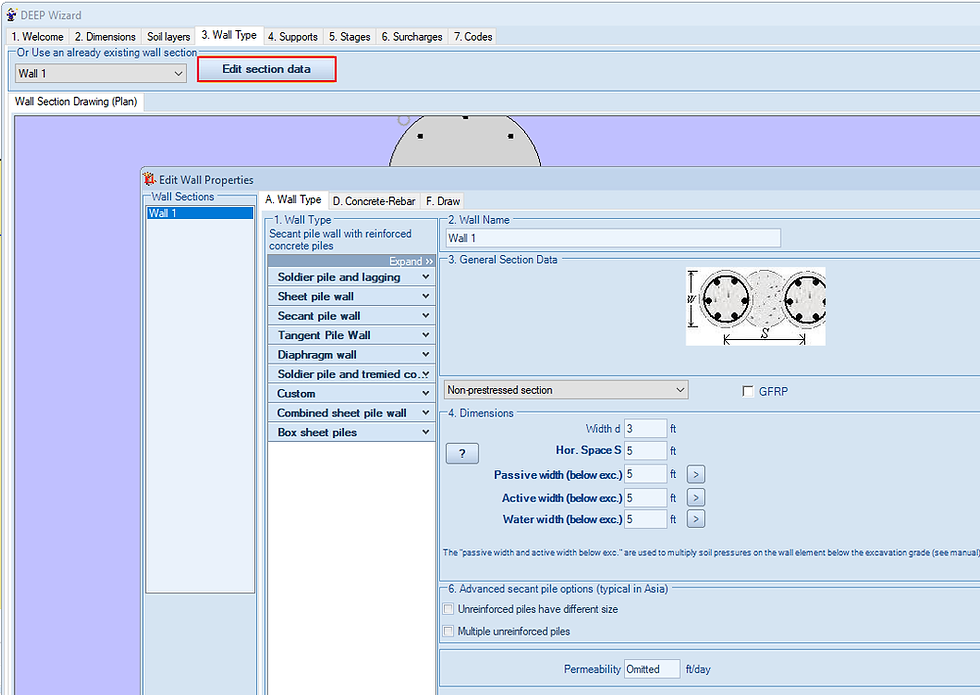 DeepEX Wizard – Wall Type tab – Edit wall section properties