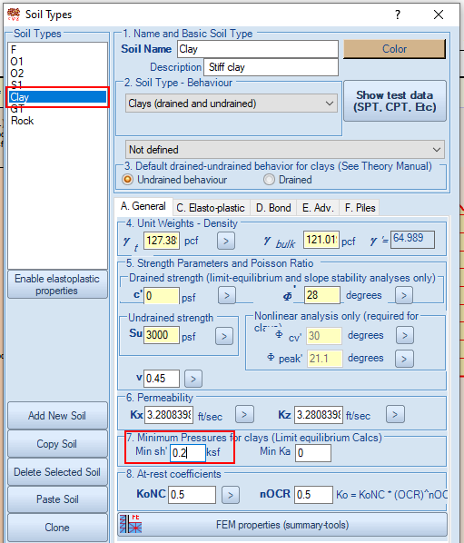 Applying minimum soil pressures Sh’=0.2ksf to the specific soil type