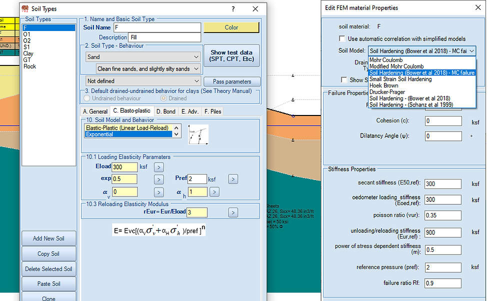 Soil model options for soil springs and finite elements in DeepEX