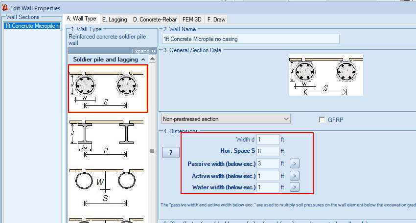 Wall section type and properties in DeepEX