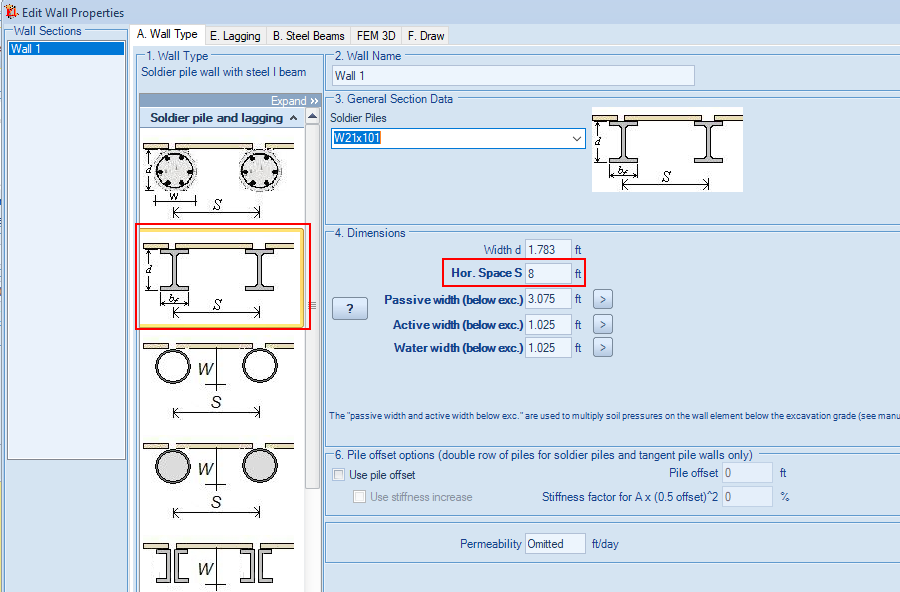 Selecting a soldier pile wall type in DeepEX and defining the pile spacing
