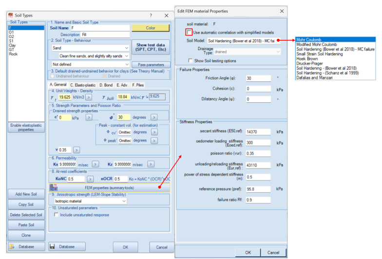 FEM Properties dialog: automatic correlation and direct model selection.