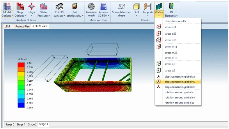 Rectangular braced excavation - 3D FEM analysis results in DeepEX