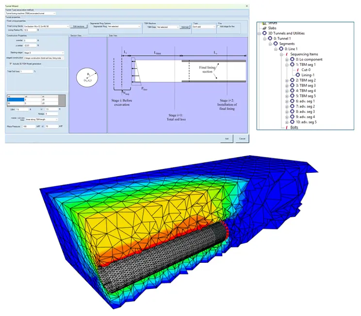 3D FEM tunnel and options in the DeepEX tunnel wizard
