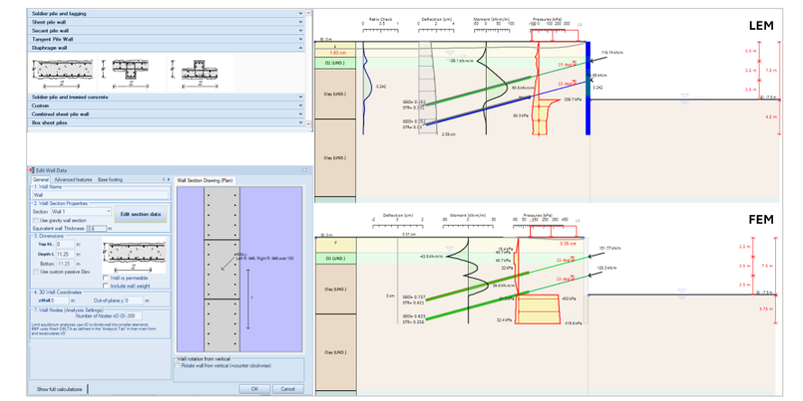 Diaphragm wall types in DeepEX and example of a model with LEM and FEM analysis.
