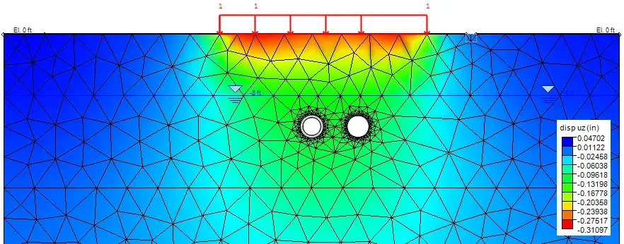 FEM mesh and soil mass settlements shadings in DeepEX