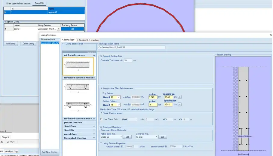 Tunnel lining structural section properties in DeepEX