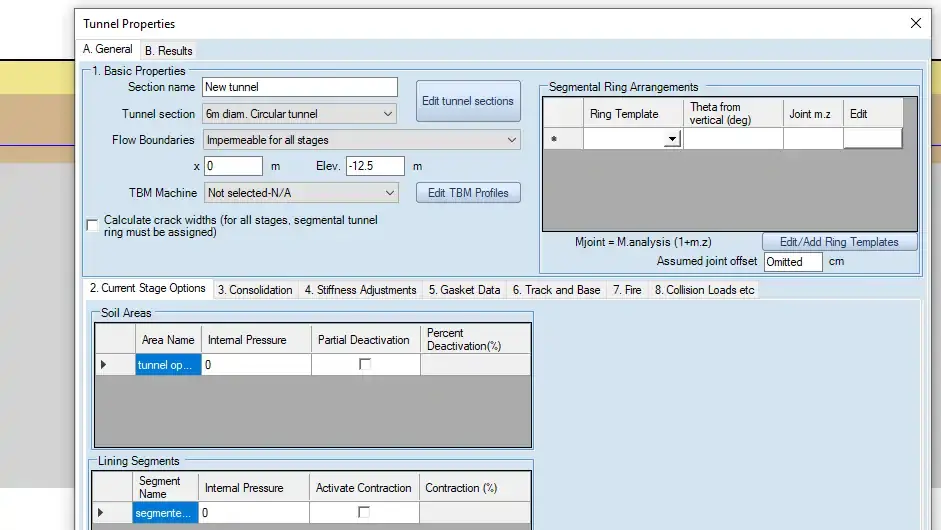 Tunnel properties dialog in DeepEX - Define the tunnel position and section